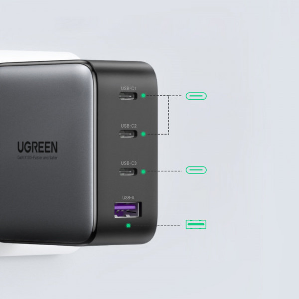 Зарядний пристрій 3xUSB 100W (3xType-C+USB QC4+) Tech Fast GAN Charger чорний CD226 Ugreen (40747) Киев - изображение 3