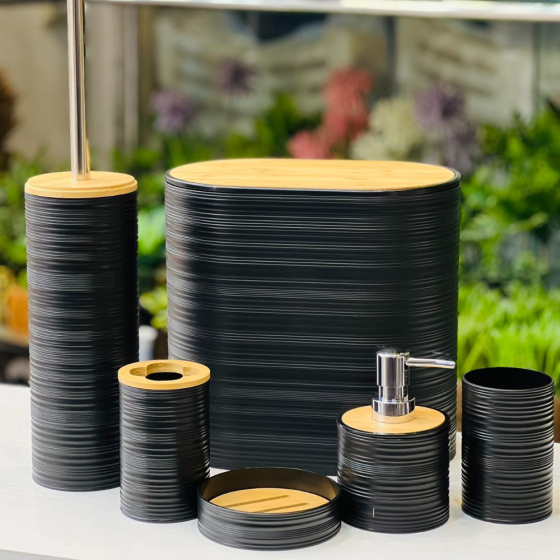 Набор аксессуаров 6в1 для ванной комнаты и душа, урна,дозатор для мыла, мыльница, стаканы,ёршик черный Каменец-Подольский