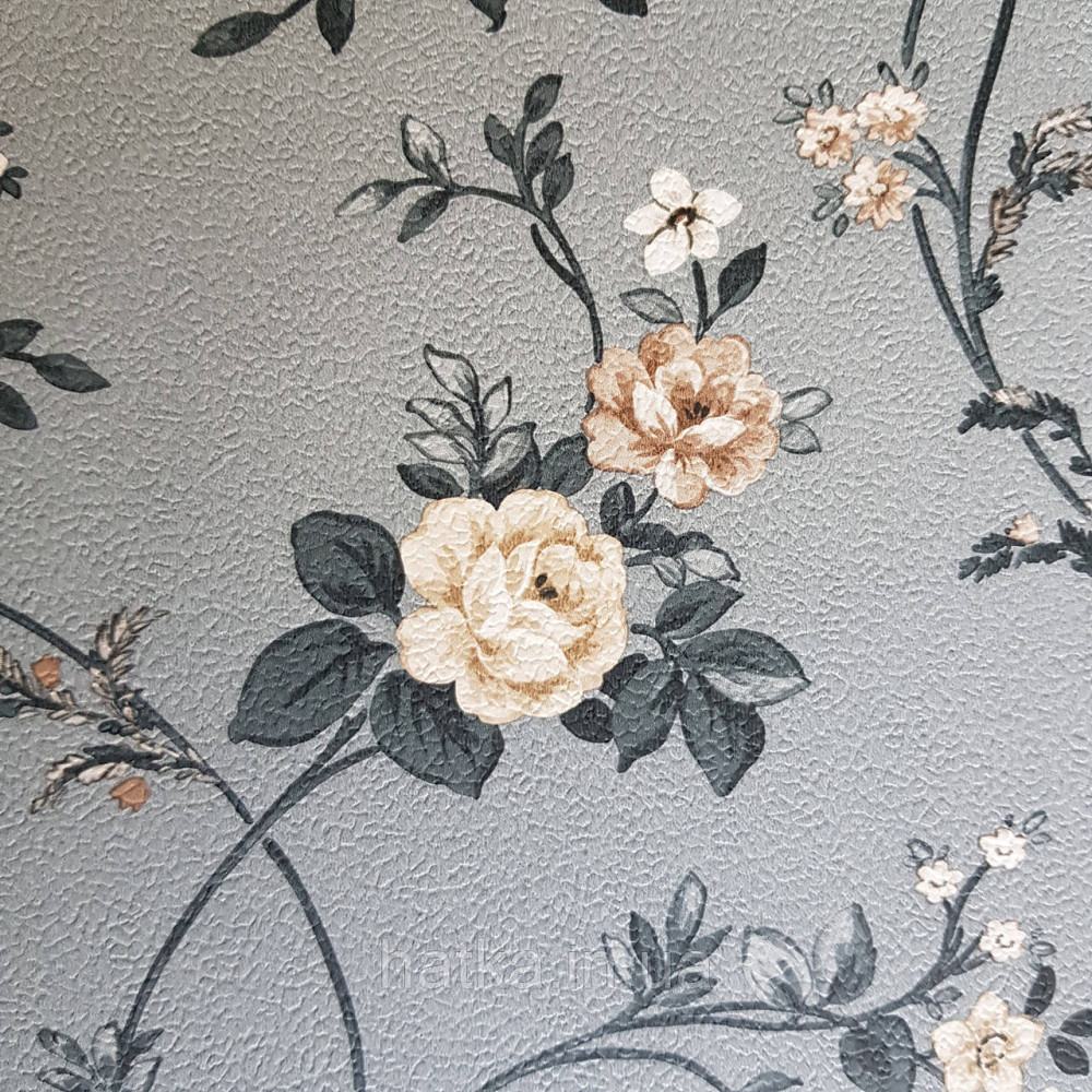 Шпалери вінілові на флізелін 0.53х10.05м Rasch Textil Petite Fleur 5.квіти троянди беж коричневі, чорні на сірому Київ - фото 1