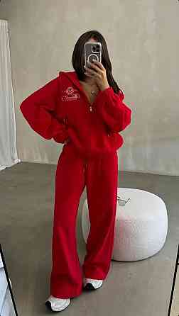 Женский теплый костюм двойка: кофта и штаны свободного кроя трехнитка на флисе Красный, 46/48 Одесса
