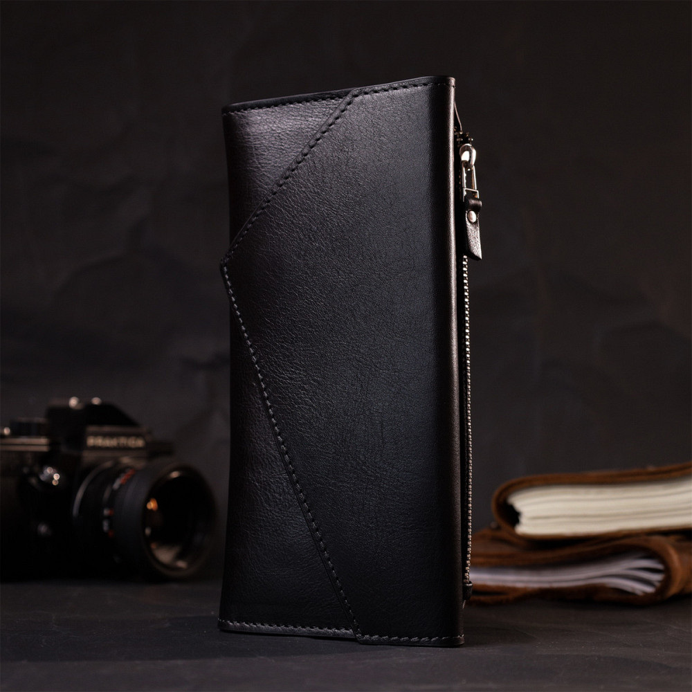 Стильний гаманець із монетницею зовні з натуральної шкіри GRANDE PELLE 11646 Чорний Київ - фото 3