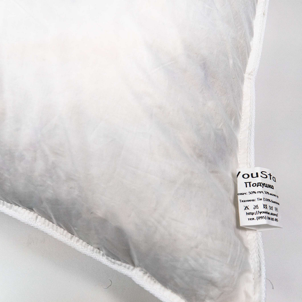 Подушка пухова преміум якості YouStar 50% пух 50% перо Батист - пружна 60x60 см (Білий) Суми - фото 3