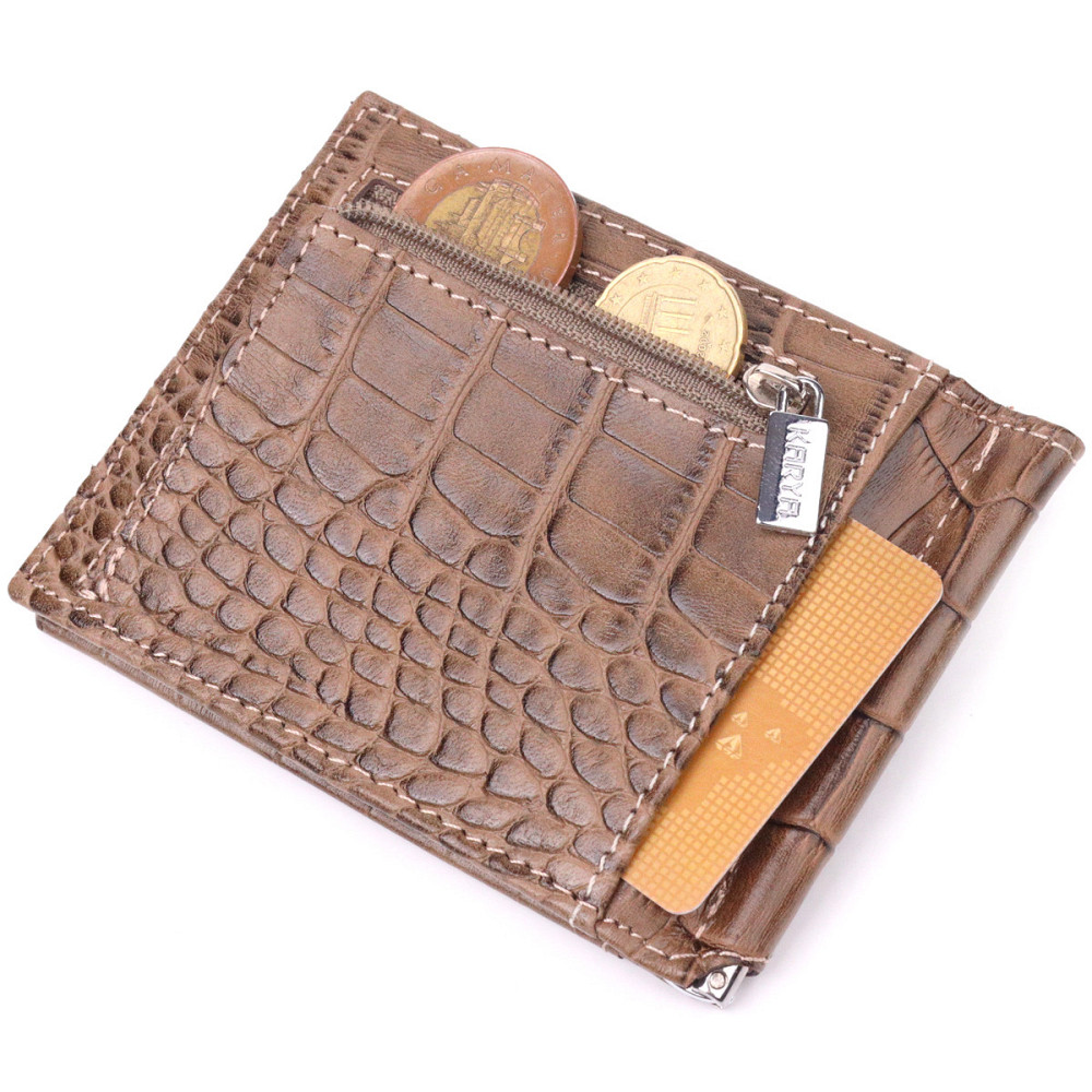 Фактурний чоловічий затиск із натуральної шкіри з тисненням під крокодила KARYA 21415 Бежевий Київ - фото 6