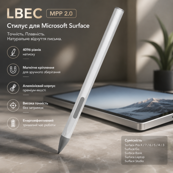Стилус LBEC MPP 2.0 для Microsoft Surface Pro X/7/6/5/4/3, Surface Go, Book, Laptop, Studio, 4096 рівнів натиску Київ