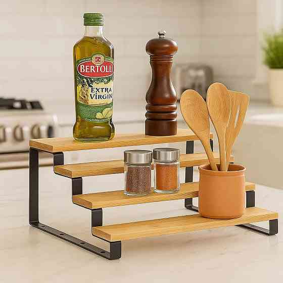 Полка для ванной комнаты и кухни деревянная многоярусная на 4 ступени для специй,стойка ступенчатая для банок Каменец-Подольский