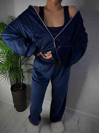 Женский стильный повседневный плюшевый костюм тройка Синий, 46/48 Одесса