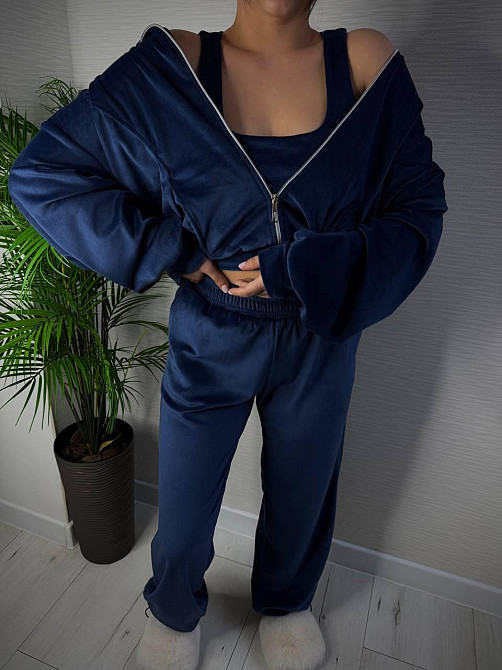 Женский стильный повседневный плюшевый костюм тройка Синий, 46/48 Одесса - изображение 6
