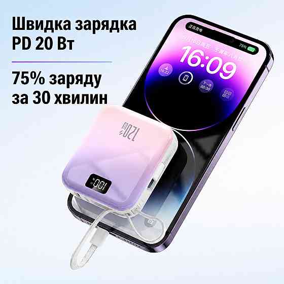 Мини-повербанк 10000 mAh с быстрой зарядкой 22.5W, с Power Delivery 20W и встроенными кабелями Lightning и Type-C,blue Каменец-Подольский
