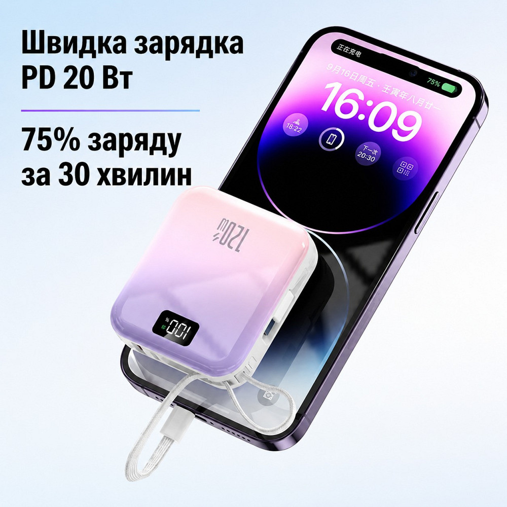 Мини-повербанк 10000 mAh с быстрой зарядкой 22.5W, с Power Delivery 20W и встроенными кабелями Lightning и Type-C,blue Каменец-Подольский - изображение 5