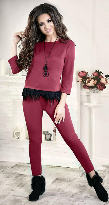 Стильный брючный костюм с натуральными пёрышками (42) Киев - изображение 1