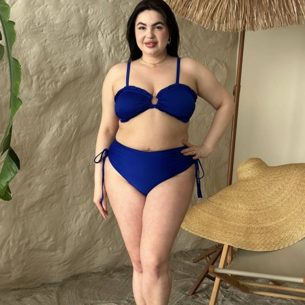 Роздільний купальник бандо plus size великих розмірів з поролоновими чашками біфлекс з рюшами синій Одеса - фото 1