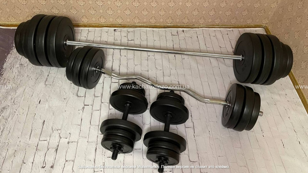 Штанги набірна + W-подібний гриф з гантелями на 150 кг Гантелі, гирі, штанги та диски ударостійкий пластик Київ - фото 2
