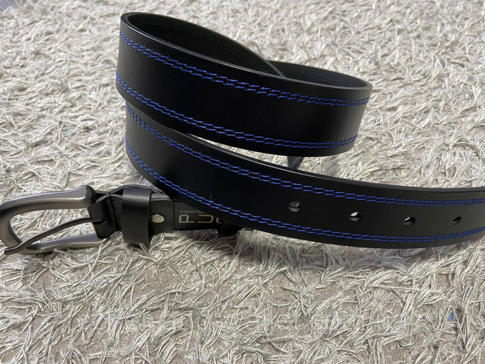 Стильный кожаный черный мужской ремень с синей строчкой 40мм PS Leather Киев - изображение 3