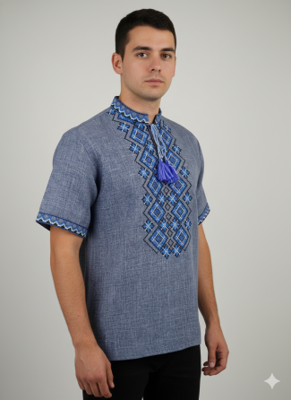 Мужская вышиванка с воротничком стойкой с вышитым коротким рукавом Киев