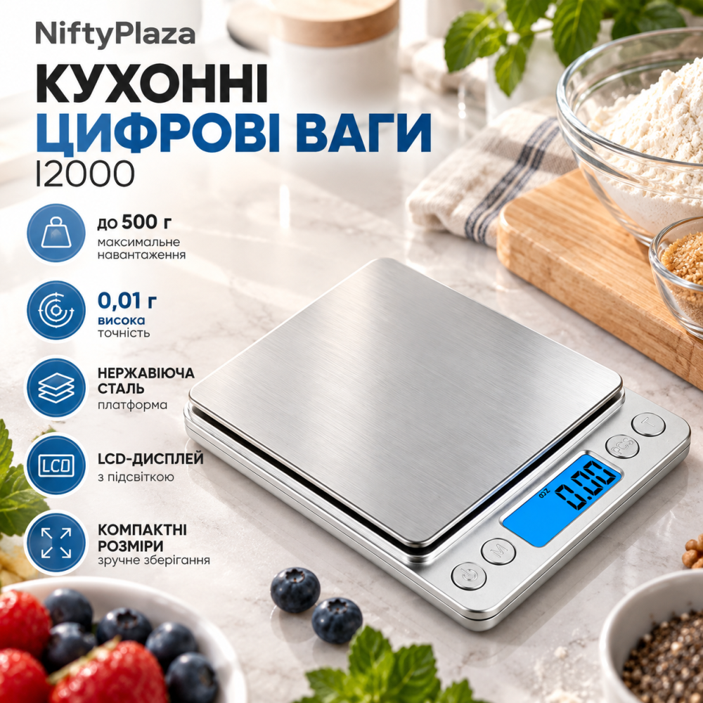 Кухонні цифрові ваги NiftyPlaza I2000 до 500 г | Точність 0,01 г, нержавіюча сталь, LCD-дисплей Київ - фото 1