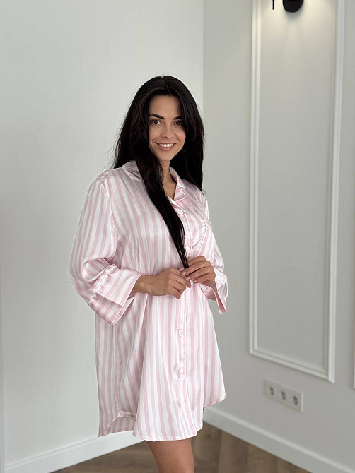 Женская ночная рубашка сатиновая полоска Розовый L Харьков - изображение 1