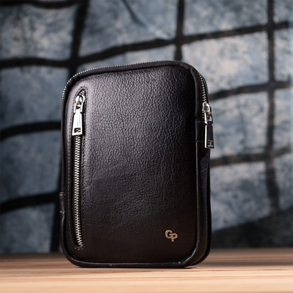 Мужская прямоугольная сумка бананка из зернистой натуральной кожи GRANDE PELLE 22879 Черный Киев - изображение 3