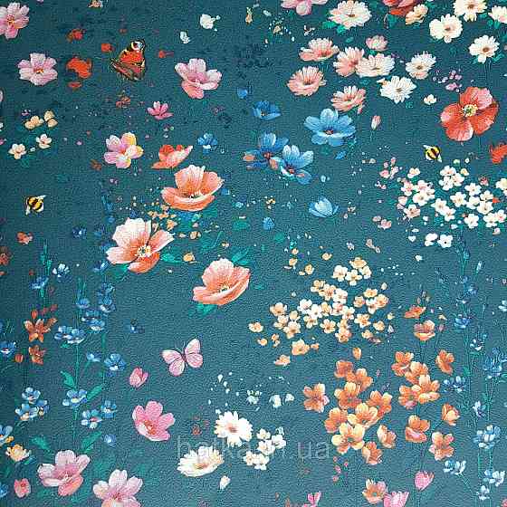 Шпалери вінілові на флізелін 0.53х10.05 Rasch Textil Petite Fleur 5.квіти прованс червоні рожеві на бірюзовому Київ