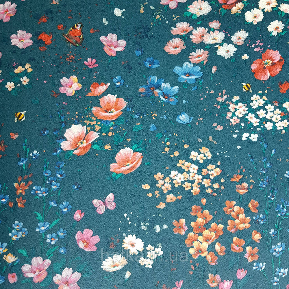 Шпалери вінілові на флізелін 0.53х10.05 Rasch Textil Petite Fleur 5.квіти прованс червоні рожеві на бірюзовому Київ - фото 1