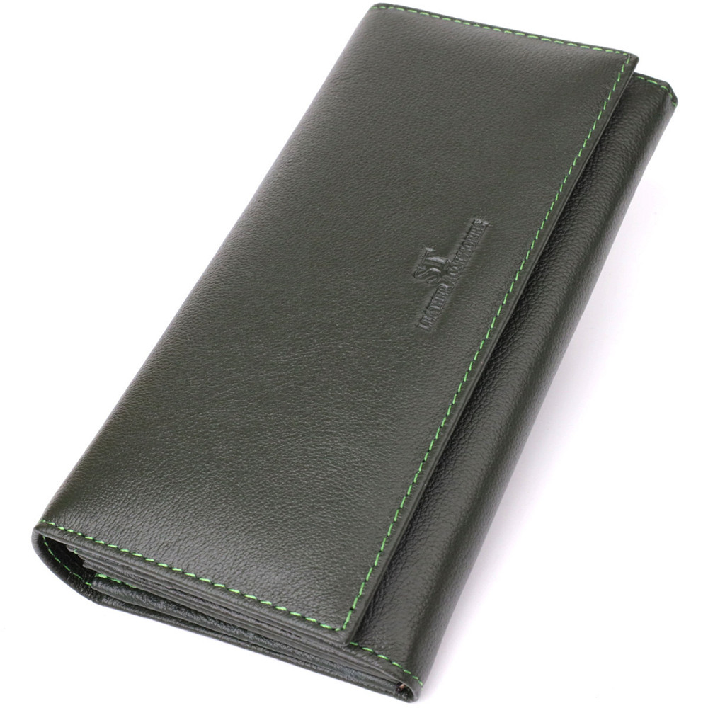 Горизонтальный кошелек у два сложения из натуральной кожи Зеленый (ST Leather) Киев - изображение 11