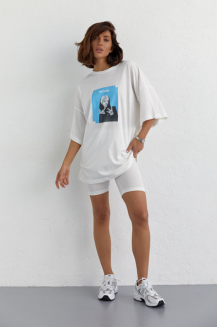 Костюм с футболкой oversize и велосипедками, молочный, S, летний хлопковый трикотаж. Лубны - изображение 6