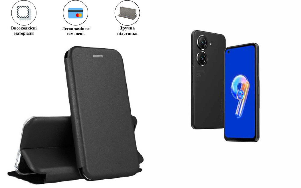 Чохол-книжка з силіконом для Asus Zenfone 9, чорний Київ - фото 1