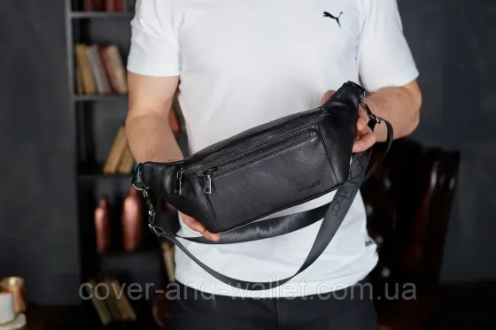 Стильна сумка-бананка із натуральної шкіри з відділенням для телефону Puos (чорна) Київ