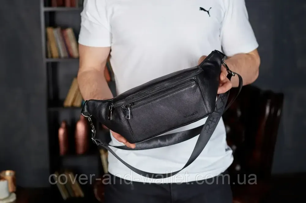 Стильна сумка-бананка із натуральної шкіри з відділенням для телефону Puos (чорна) Київ - фото 4