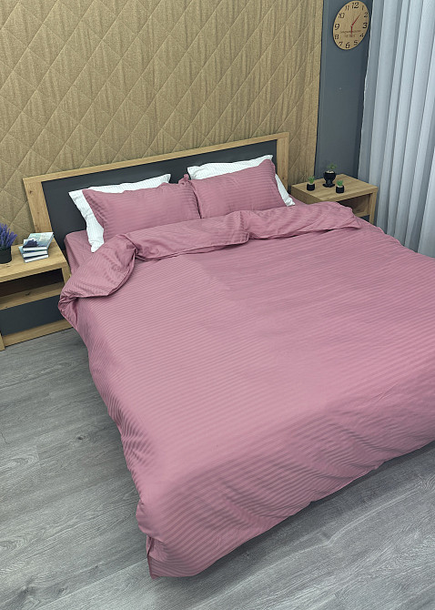 Комплект постільної білизни Страйп-сатин Сімейний 2 х 150х200 з простирадлом на резинці Ліловий (88-223) Київ - фото 4