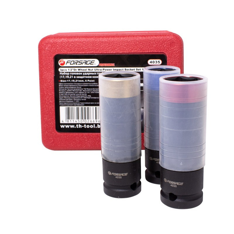 Набір головок ударних глибоких тонкостінних в захисному кожусі 3 пр.1/2" 6-гранна(17,19,21мм) Forsage F-4035 Одеса - фото 2