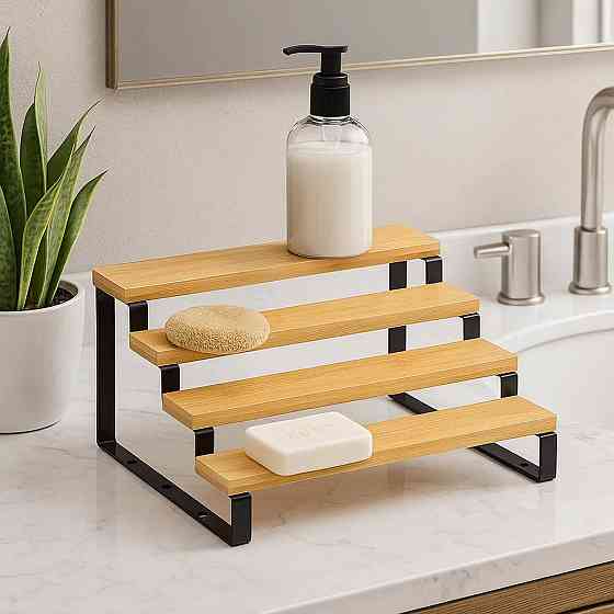 Полка для ванной комнаты и кухни деревянная многоярусная на 4 ступени для специй,стойка ступенчатая для банок Каменец-Подольский