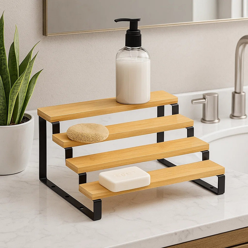 Полиця для ванної кімнати та кухні дерев'яна багатоярусна на 4 ступені для спецій, стійка ступінчаста для банок Кам'янець-Подільський - фото 5