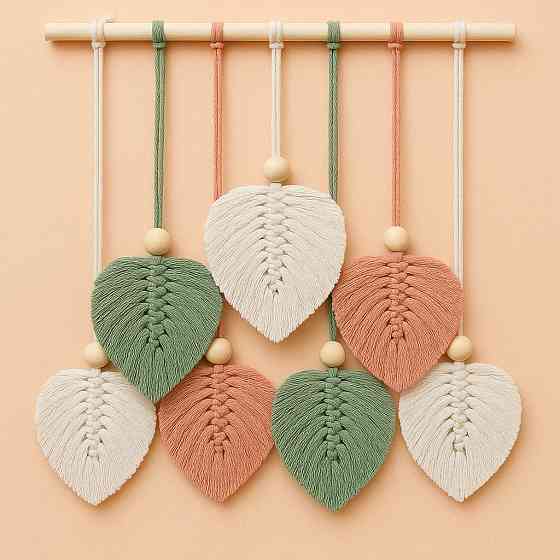 Набір макраме для ручного в'язання гобелена настінного декору «Листя» 37х30см, для рукоділля рожево-зелений Кам'янець-Подільський