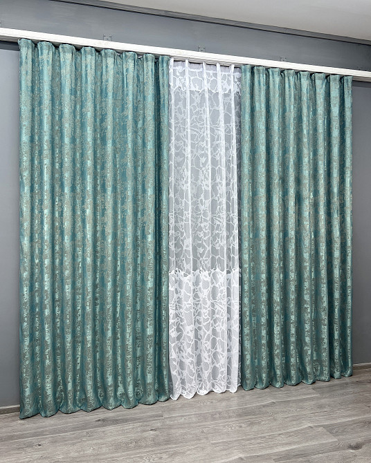 Комплект штор VR-Textil Жаккард Мрамор 100х270 2шт и Тюль 400х270 1292ш-1529т Бирюзовый с белым 71-185/2 Киев - изображение 3