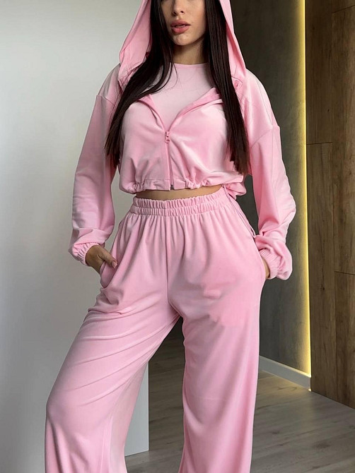 Женский прогулочный костюм тройка: худи топ и штаны велюр плюш Розовый, 44/46 Одесса - изображение 4