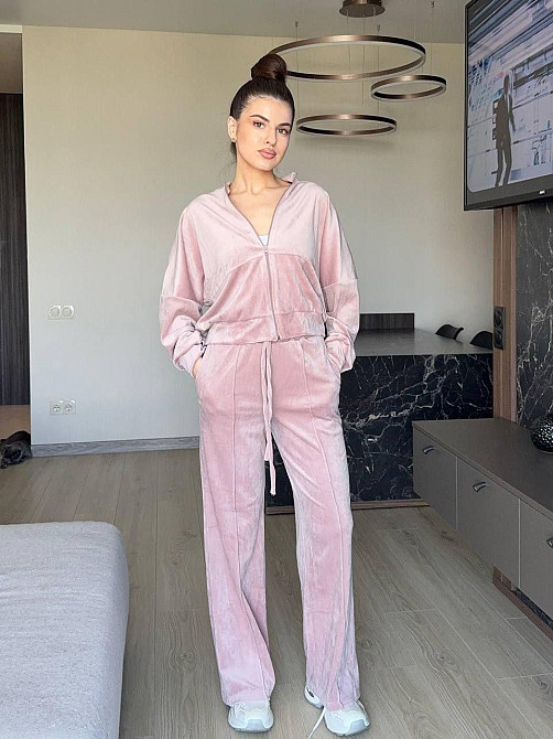 Женский прогулочный костюм двойка: кофта и штаны королевский велюр Пудра, 50/52 Одесса - изображение 1