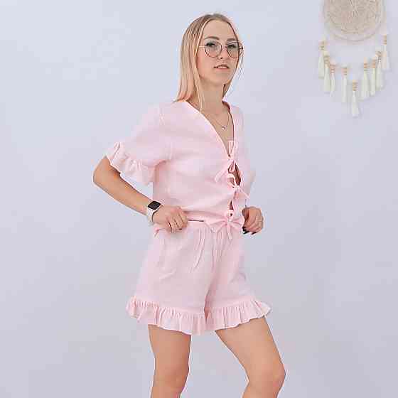 Муслінова рожева жіноча піжама сорочка +шорти з рюшами Кам'янець-Подільський