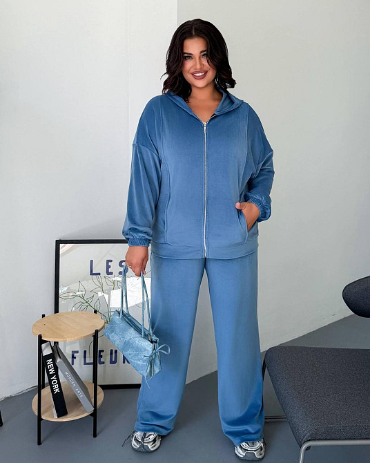 Велюровий костюм з худі на блискавці і прямими брюками, демісезон, джинсовий, розмір 54/56 Лубни - фото 3