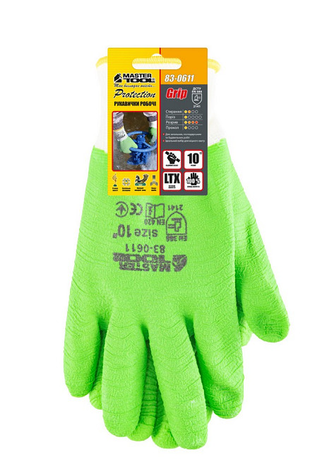 MASTERTOOL Рукавички трикотажні безшовні MASTERTOOL повне ребристе латексне покриття 10" підвіс Коломия - фото 4