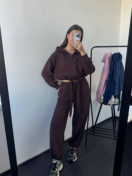 Женский теплый прогулочный костюм двойка: худи и брюки двусторонний полар флис Шоколадный, 44/48 Одесса - изображение 3