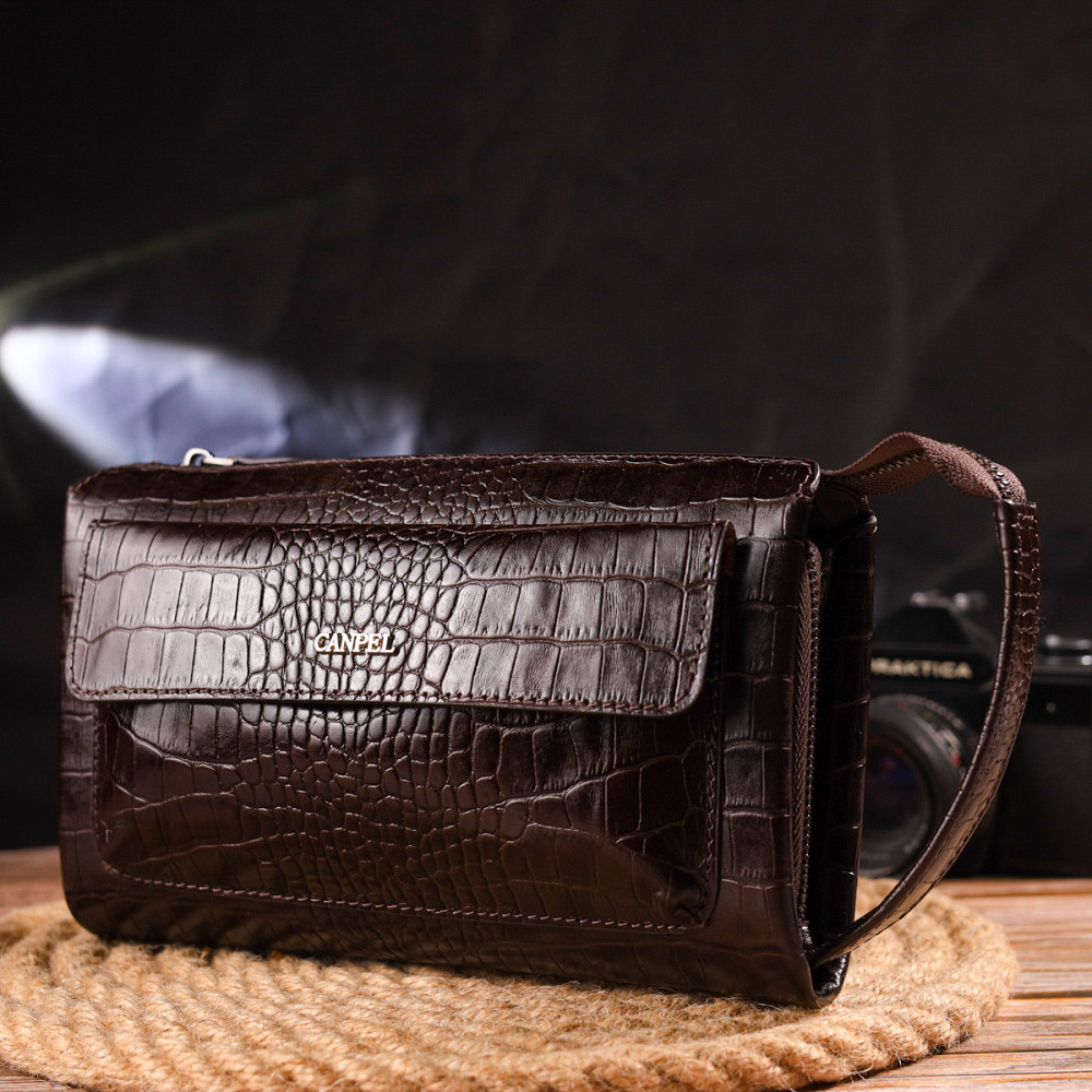 Удобный клатч для мужчин из натуральной фактурной кожи с тиснением под крокодила CANPELLINI 21561 Коричневый Киев - изображение 9