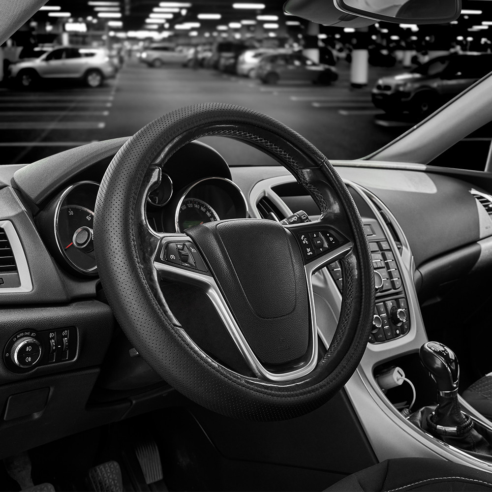 Чохол на кермо Carlife 37-39см, шкіра, чорний, біла гума, один шов, перфорований SW341M Львів - фото 2