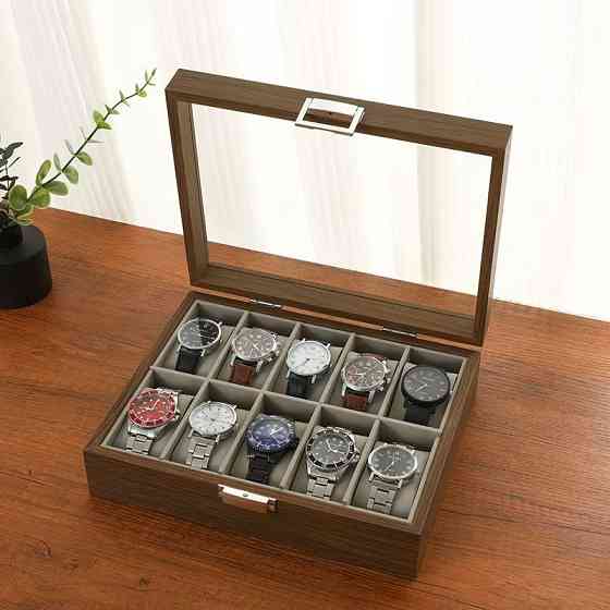 Шкатулка для хранения часов органайзер на 10 отделений деревянная с прозрачным окном,футляр органайзер для наручных часов Каменец-Подольский