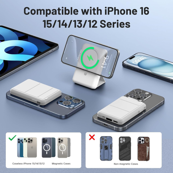 Магнітний повербанк Azmuth Power Bank 10000 mAh Бездротова швидка зарядка MagSafe для iPhone зі складним тримачем, Білий Київ