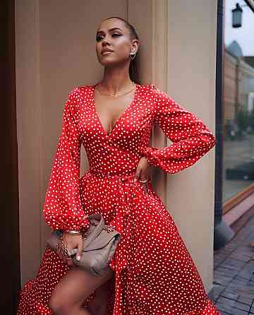 Женское романтическое летнее платье в горошек софт Красный Одесса