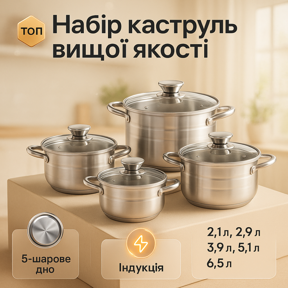 Набор кастрюль из нержавеющей стали UNIQUE, Наборы посуды для плиты, Набор посуды с ковшиком FD-69 Львов - изображение 7