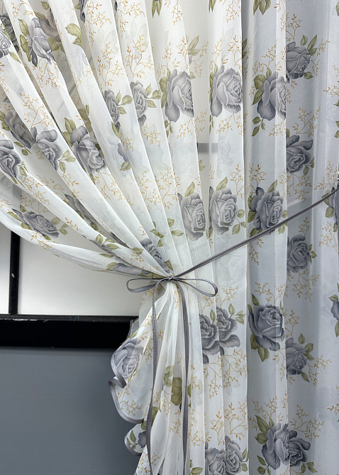 Кухонные шторки VR-Textil № 101к с подвязками Белый с серым 320х170 см (52-1211) Киев - изображение 4