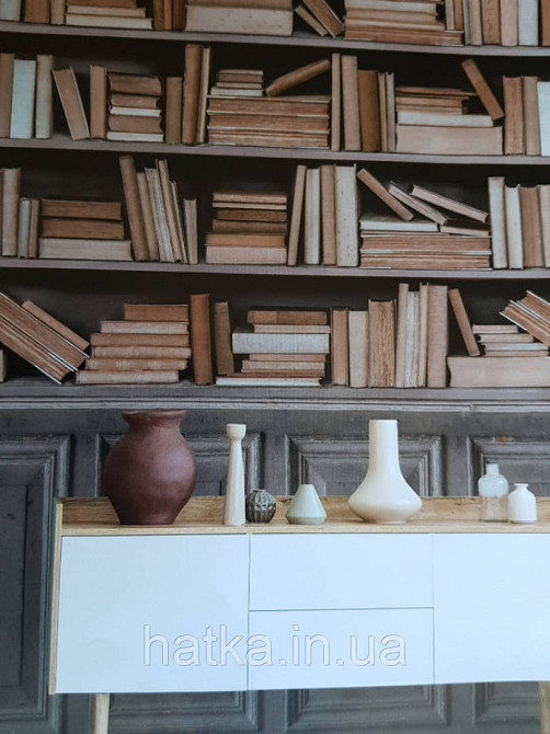 Обои виниловые Grandeco One roll one motif 2 A41601 панно 3д  книги полки стелажи коричневые кремовые Киев - изображение 1