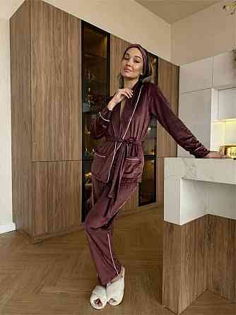 Женская уютная пижама: халат-кимоно, штаны + повязка на голову велюр Шоколад, 46/48 Одесса