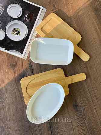 Тарілка сервірувальна з бамбуковою підставкою Olens "Білосніжна" 19*12 см h 3.5 см кераміка для дому та ресторану 102-1195 Київ